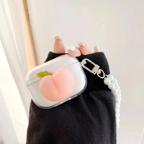 Peach Wireless Earphone Case Transparent TPU Protective Cover With Faux Artificial Pearl Hand Strap Cute Sweet Style