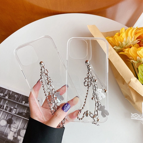Διαφανή Θήκη Smartphone Με Ασημί Μεταλλική Αλυσίδα Βραχιόλι Με Γούρια Αρκουδάκι Προστατευτικό Κάλυμμα Acryl TPU Στυλ Y2K