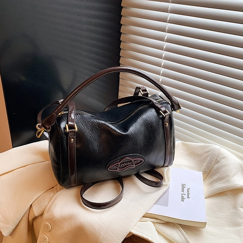 Borsa A Spalla Boston Retrò Pelle PU Opaca Borsa A Tracolla Cilindrica Da Donna Stile Pendolare Semplice Elegante