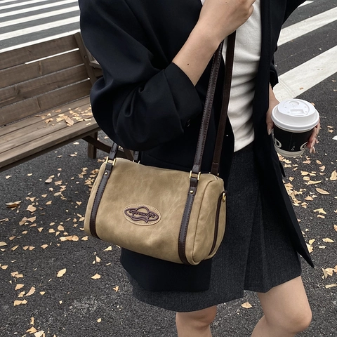 Borsa A Spalla Boston Retrò Pelle PU Opaca Borsa A Tracolla Cilindrica Da Donna Stile Pendolare Semplice Elegante