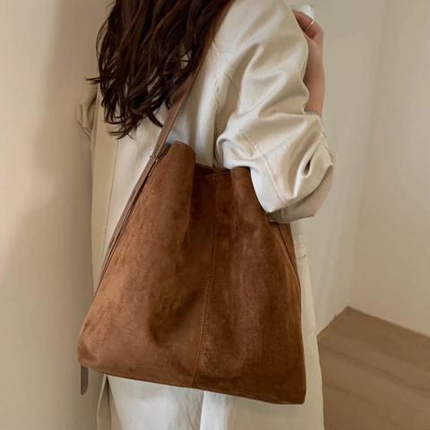 Bolso Cubo Retro De Gamuza Gran Capacidad Bolso De Hombro Minimalista Para Mujer Vintage Casual Color Liso