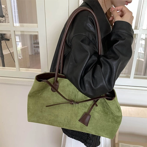 Retro Minimalist Large Capacity Tote Bag Matte PU Leather Suede Texture Commuting Shoulder Underarm Bag For Women