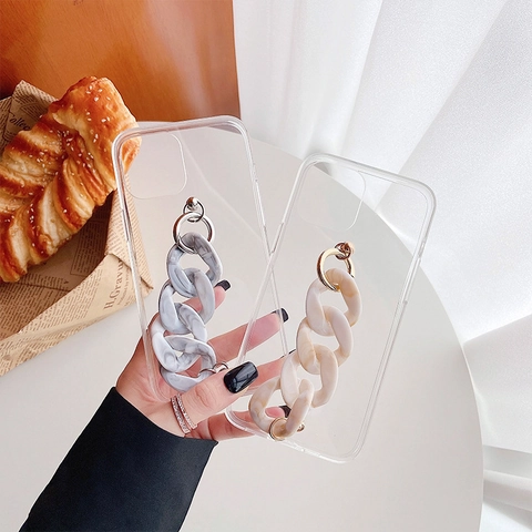 Funda Transparente Para Smartphone Con Pulsera De Cadena De Acrílico Con Patrón De Mármol Correa De Mano Funda Protectora De Lujo