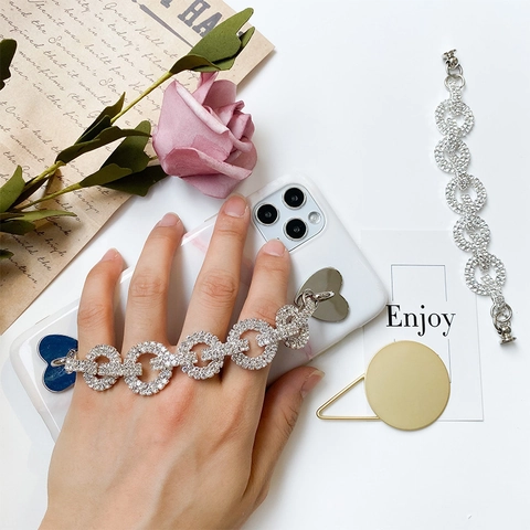 Strass Ineinandergreifende Kreise Handy Handgelenkkette Mit Herzanhängern Legierung Galvanisiert Elegante Mobile Dekoration
