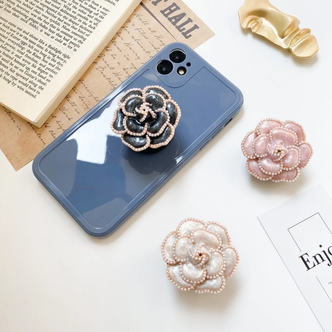 Supporto Telefono Fiore Camelia Pieghevole Grip Cuscino D'aria Perla Artificial Elegante Perla Artificialto Supporto Scrivania Mobile