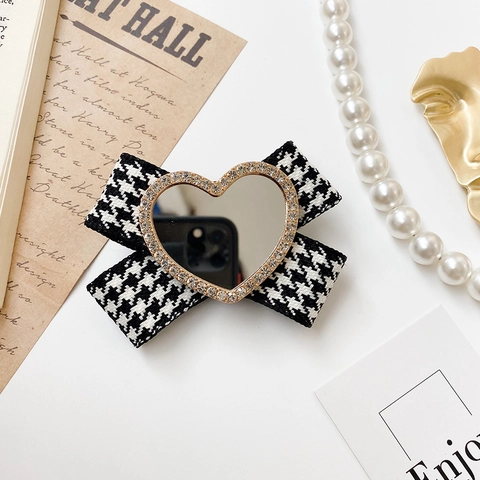 Heart Shaped Mirror Bow Phone Grip Socket Foldable Alloy Rhinestone Houndstooth Fabric Desktop Bracket Stand Holder
