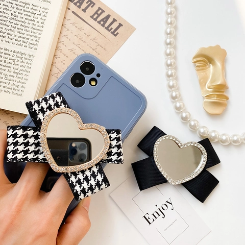 Heart Shaped Mirror Bow Phone Grip Socket Foldable Alloy Rhinestone Houndstooth Fabric Desktop Bracket Stand Holder