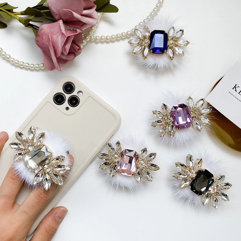 Luxus Faltbarer Telefonhalter Mit Strass Und Kunstpelz Eleganter Großer Edelstein Ausziehbarer Sockelhalter Für Damen