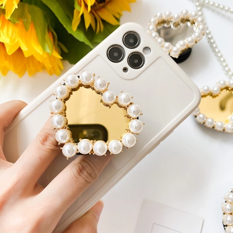 Heart Shaped Phone Grip Holder With Faux Artificial Pearl And Mirror Surface Collapsible Griptok For Smartphones Elegant Accessory