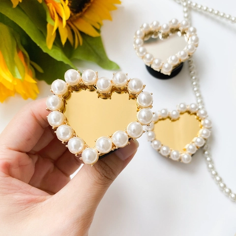 Heart Shaped Phone Grip Holder With Faux Artificial Pearl And Mirror Surface Collapsible Griptok For Smartphones Elegant Accessory