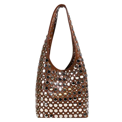 Sac À Épaule Hobo En Cuir PU Pour Femmes Avec Rivets Métalliques Argentés Style Punk Y2K Moto