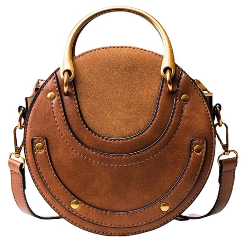 Retro Round Crossbody Bag For Women Faux Suede Leather Metal Handle Rivet Decor Small Circle Shoulder Handbag Purse