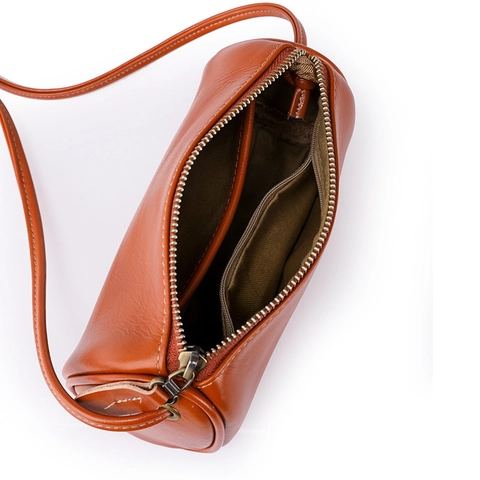 Cylinder Barrel Crossbody Bag Genuine Leather Oil Wax Cowhide Retro Vintage Minimalist Small Shoulder Bag For Women