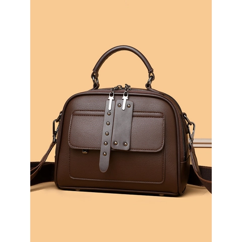 Women Crossbody Bag Retro PU Leather Litchi Pattern Boston Handbag With Wide Strap Rivet Decor Fashion Daily Use