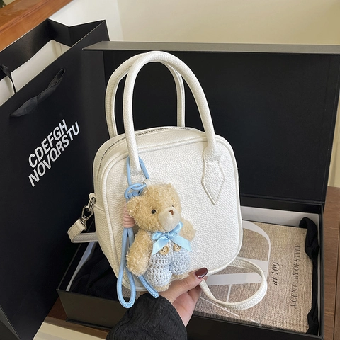 Women Handbag Litchi Pattern PU Leather Square Crossbody Bag With Cute Teddy Bear Charm Adjustable Strap Chic Fashion
