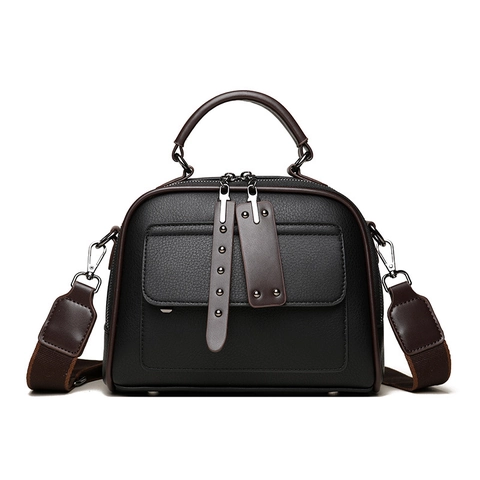 Women Crossbody Bag Retro PU Leather Litchi Pattern Boston Handbag With Wide Strap Rivet Decor Fashion Daily Use
