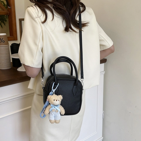 Women Handbag Litchi Pattern PU Leather Square Crossbody Bag With Cute Teddy Bear Charm Adjustable Strap Chic Fashion