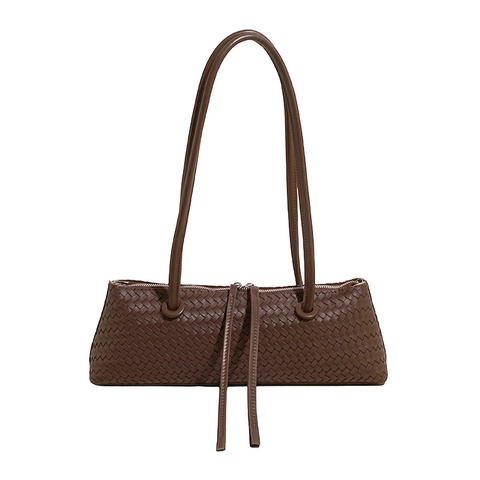 Geflochtene PU Leder Achseltasche Retro Baguette Schultertasche Mit Langen Riemen Und Quaste Reißverschluss Für Damen