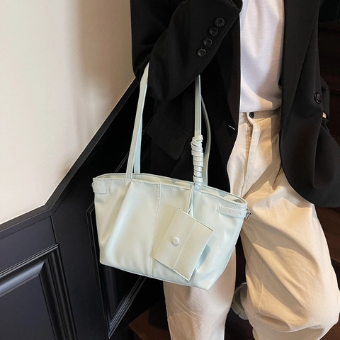 Glossy PU Leather Tote Bag Large Capacity Shoulder Handbag For Women Office Commuter With Small Pouch