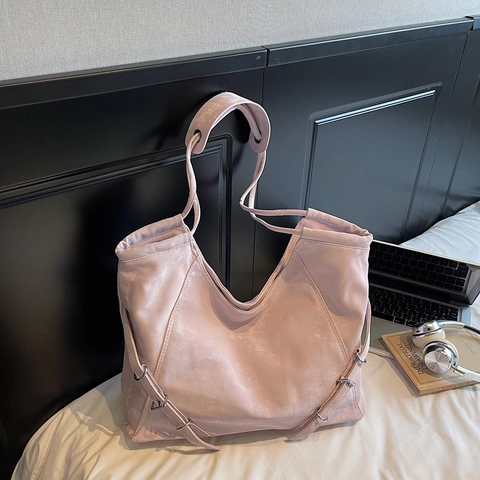 Retro Large Capacity Shoulder Bag PU Leather Denim Tote Minimalist Urban Commute Handbag With Adjustable Buckle Strap