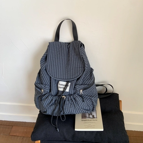Plaid Nylon Backpack Large Capacity Drawstring Flap Rucksack Casual Travel School Bag Minimalist Niche Design
