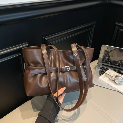 Damen Schultertasche Tote PU Leder Plissee Design Gürtelschnalle Ösen Dekor Große Kapazität Lässige Urbane Mode