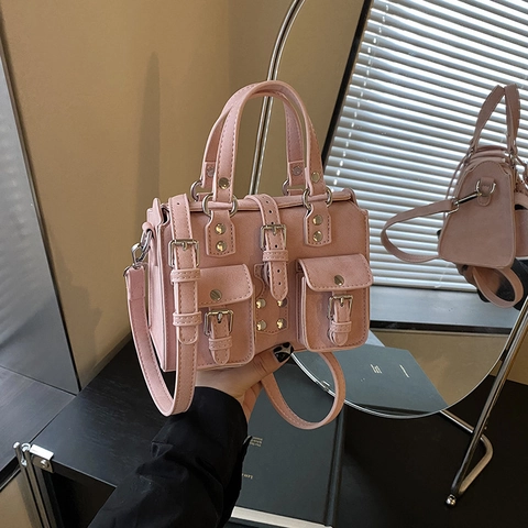 Retro Utility Multi Pocket Umhängetasche PU Leder Nieten Schnalle Handtasche Mode Für Frauen