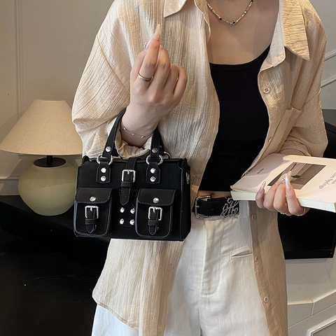 Retro Utility Multi Pocket Umhängetasche PU Leder Nieten Schnalle Handtasche Mode Für Frauen