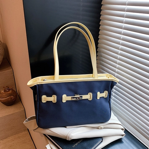 Borsa Tote A Contrasto Da Donna Nylon Tela PU Pelle Rifinitura Serratura Girevole Grande Capacità Borsa Retro Minimalista