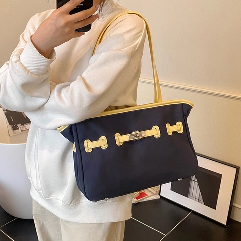 Borsa Tote A Contrasto Da Donna Nylon Tela PU Pelle Rifinitura Serratura Girevole Grande Capacità Borsa Retro Minimalista