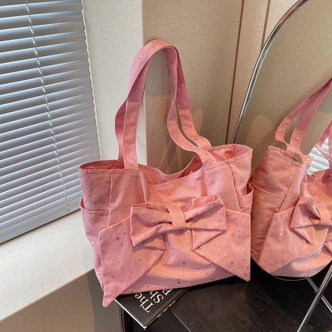 Grande Borsa Tote In Tela Con Stampa Di Stelle Grande Decorazione Con Fiocco Semplice Borsa A Tracolla Casual Per Donne Scuola