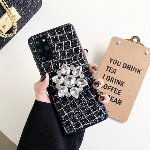 Coque De Téléphone Fleur En Strass Paillettes Grille TPU Protection Arrière Avec Support Élégant Brillant Bling Luxe Étui