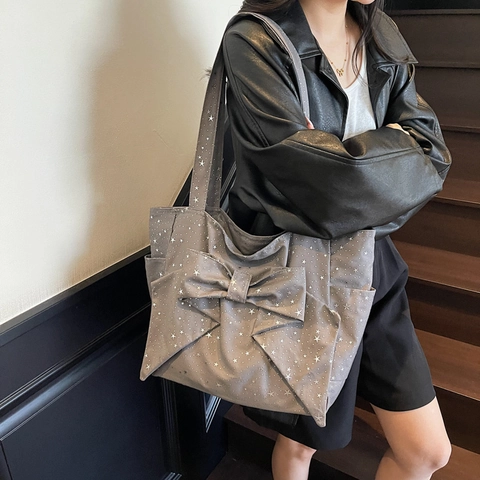 Grande Borsa Tote In Tela Con Stampa Di Stelle Grande Decorazione Con Fiocco Semplice Borsa A Tracolla Casual Per Donne Scuola