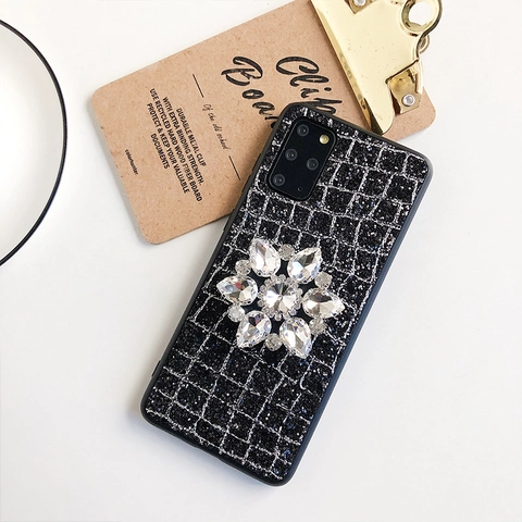 Coque De Téléphone Fleur En Strass Paillettes Grille TPU Protection Arrière Avec Support Élégant Brillant Bling Luxe Étui
