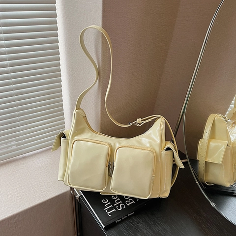 Borsa A Spalla Donna Retro Pelle PU Lucida Multitasche Alla Moda Utility Y2K Borsa A Tracolla