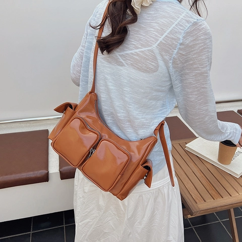 Borsa A Spalla Donna Retro Pelle PU Lucida Multitasche Alla Moda Utility Y2K Borsa A Tracolla