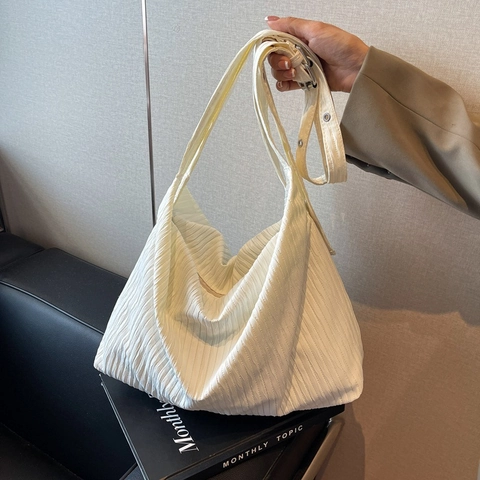 Large Capacity Pleated Shoulder Bag Polyester Hobo Tote Crossbody With Adjustable Strap For Women Commuter Casual Style
