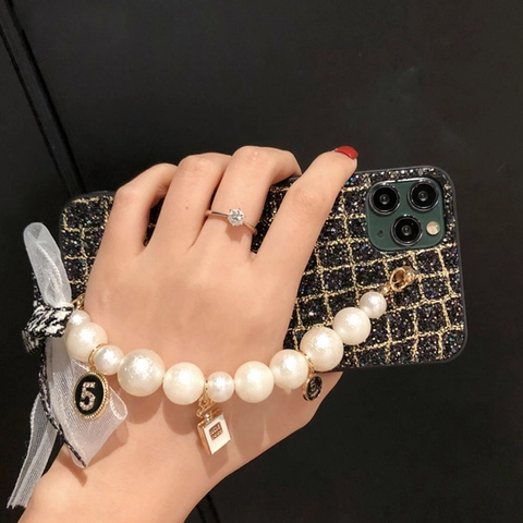 Funda Para Teléfono De Tweed Con Lentejuelas Y Pulsera De Perlas Artificiales Lazo De Encaje Colgantes De Metal Lujo Elegante