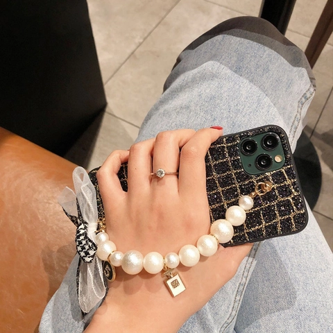Funda Para Teléfono De Tweed Con Lentejuelas Y Pulsera De Perlas Artificiales Lazo De Encaje Colgantes De Metal Lujo Elegante