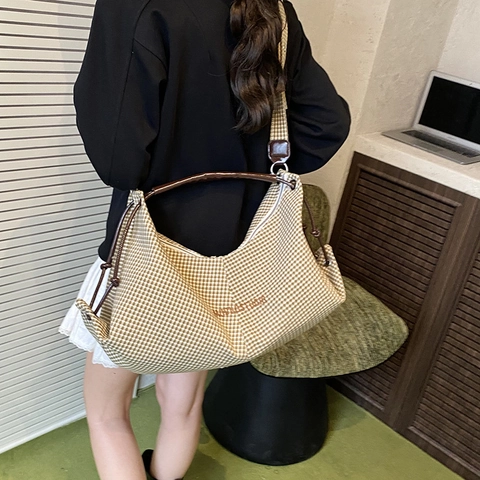 Borsa A Spalla Hobo A Quadri Grande Capacità Pelle PU Tessuto Vintage Borsa A Tracolla Pendolare Per Donne
