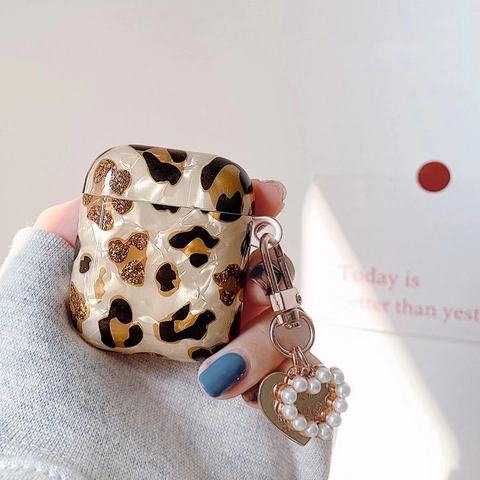 Funda Auriculares Estampado Leopardo Con Pulsera Perlas Artificiales Colgante Corazón Concha Lujo IMD TPU Para AirPods