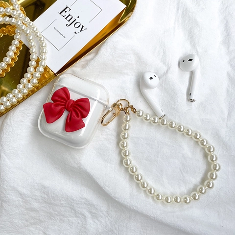Earphone Case Transparent TPU 3D Bowknot Protective Cover With Faux Artificial Pearl Wrist Strap Elegant INS Style For Women