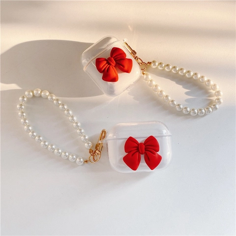 Earphone Case Transparent TPU 3D Bowknot Protective Cover With Faux Artificial Pearl Wrist Strap Elegant INS Style For Women