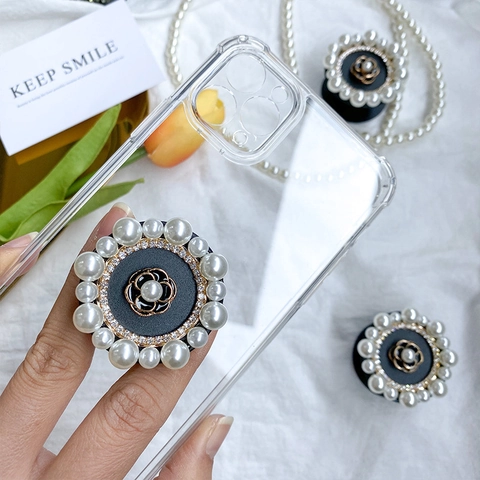Camellia Blume Telefon Sockel Ständer Künstliche Perle Strass Faltbar Expandierender Griff Luxus Elegant Floral Handy Halterung