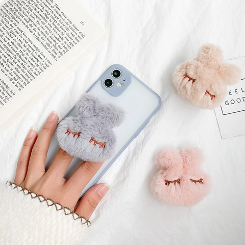 Cute Plush Rabbit Foldable Phone Holder Embroidered Eyes Faux Fur Mobile Stand Stick On Grip Universal Smartphone