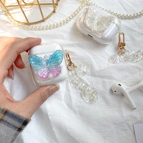 Funda Auriculares Inalámbricos Mariposa 3D Cubierta Protectora TPU Transparente Con Cadena Concha Acrílica Perla Artificial