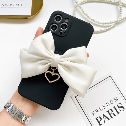 Elegant Satin Bow Phone Stand With Artificial Pearl Inlay Heart Pendant Foldable Airbag Grip For Smartphone Tablet Universal Accessory