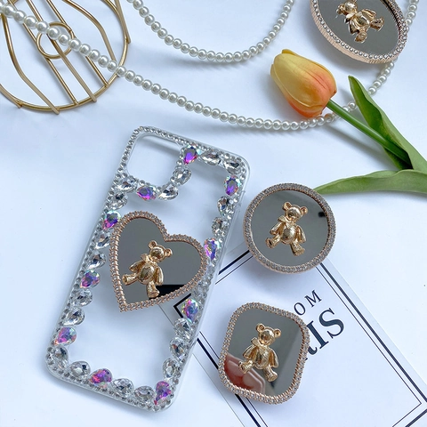 Soporte Griptok para Teléfono con Oso de Strass de Lujo Espejo Plegable para Celular Corazón Cuadrado Ovalado Redondo