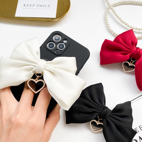Elegant Satin Bow Phone Stand With Artificial Pearl Inlay Heart Pendant Foldable Airbag Grip For Smartphone Tablet Universal Accessory