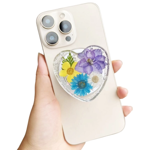 Supporto Per Telefono A Forma Di Cuore Con Veri Fiori Essiccati Resina Epossidica Trasparente Griptok Telescopico
